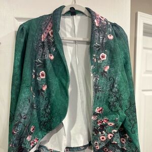 Floral Green and Pink Open Front Cropped Jacket